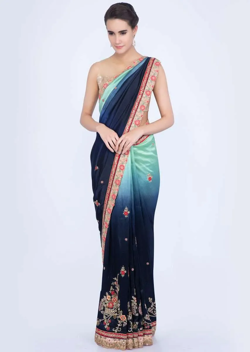 Apple green and indigo blue shaded cotton silk saree with embroidery and butti only on Kalki