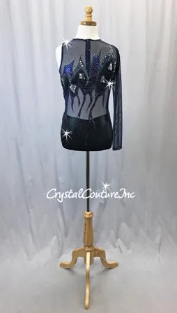 Custom Hand painted Navy Mesh & Black Lycra Leotard - Swarovski Rhinestones
