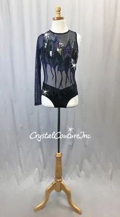 Custom Hand painted Navy Mesh & Black Lycra Leotard - Swarovski Rhinestones