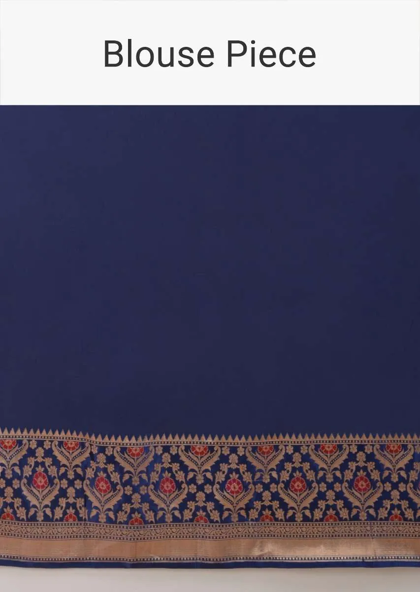 Emerald Green Two Toned Pure Handloom Saree In Silk With Woven Buttis And Intricate Indigo Border Online - Kalki Fashion