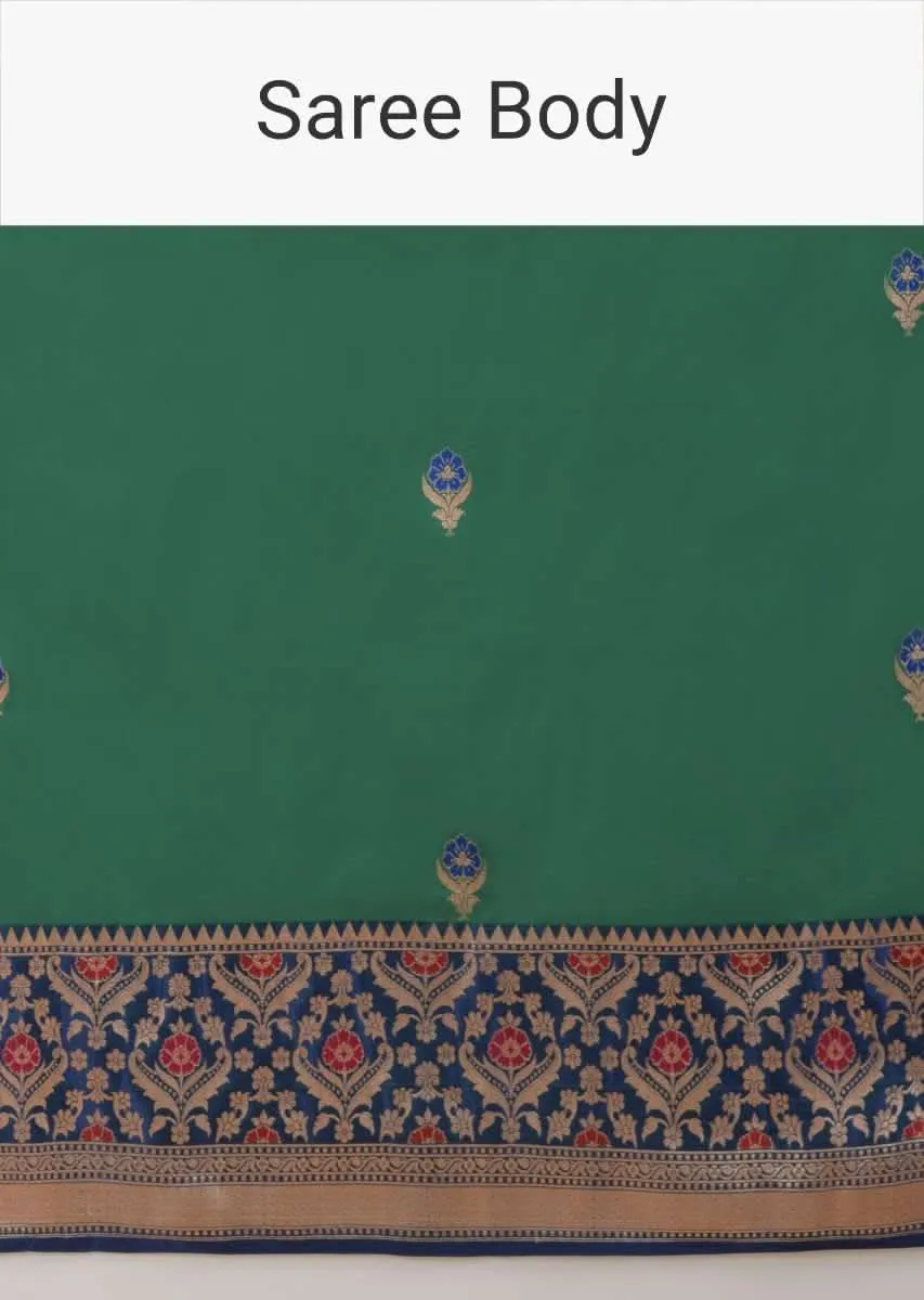 Emerald Green Two Toned Pure Handloom Saree In Silk With Woven Buttis And Intricate Indigo Border Online - Kalki Fashion