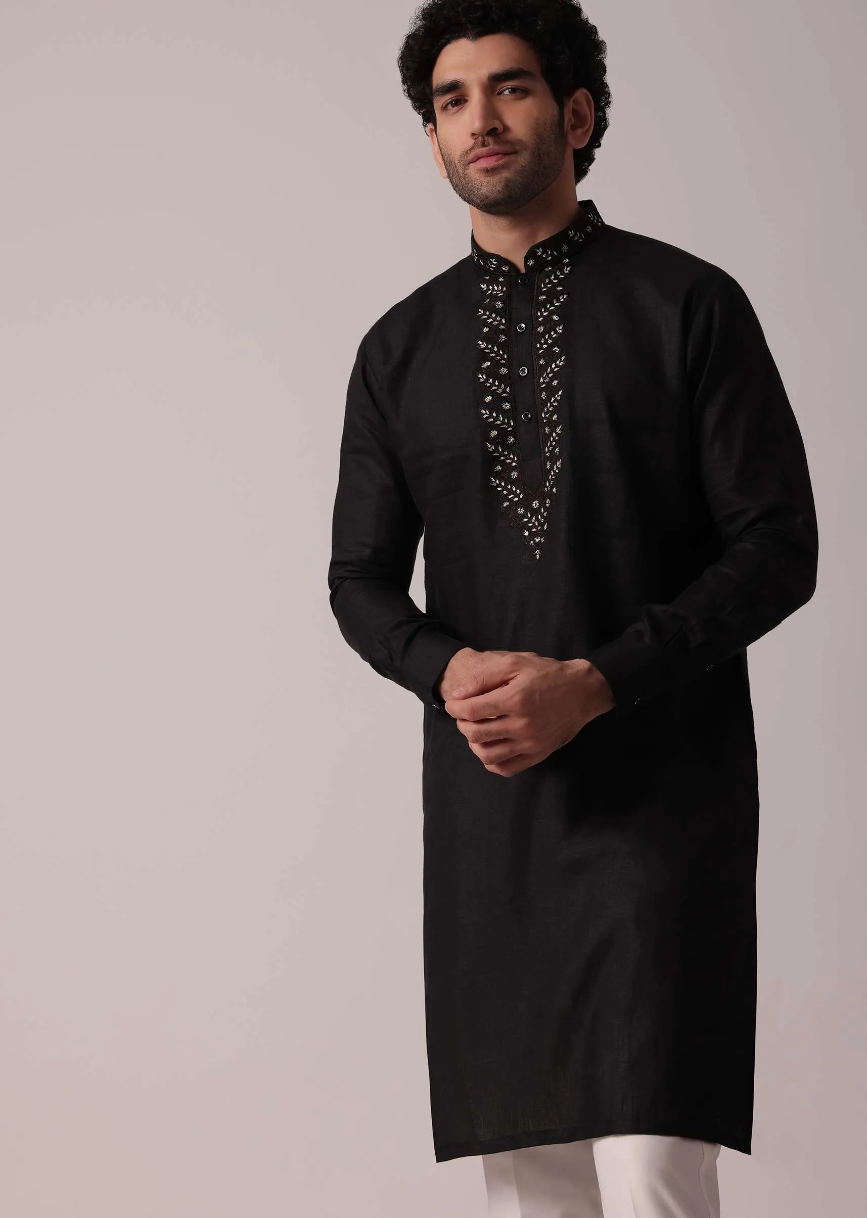 Handcrafted Black Linen Kurta For Men