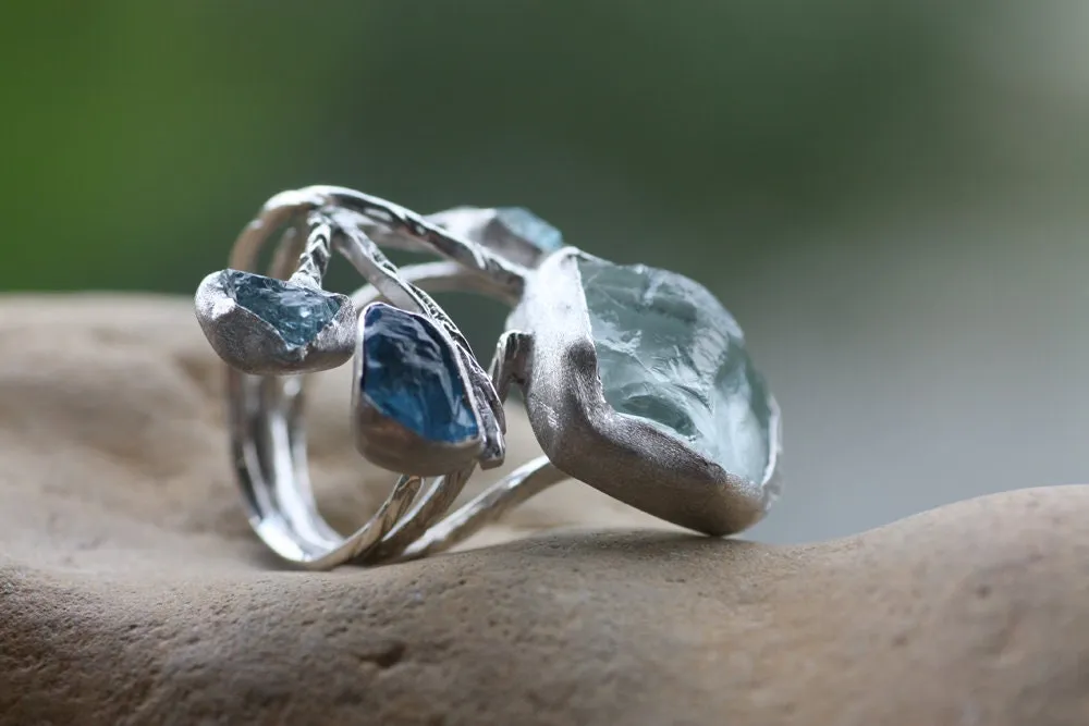 Handcrafted rough Blue Topaz Aquamarine ring