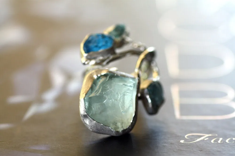 Handcrafted rough Blue Topaz Aquamarine ring
