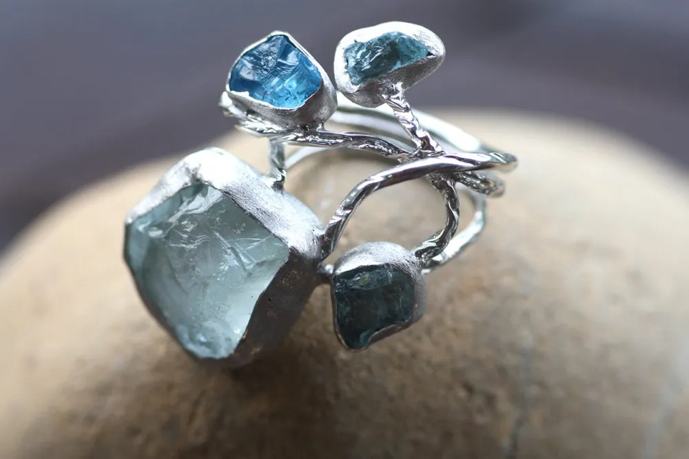 Handcrafted rough Blue Topaz Aquamarine ring