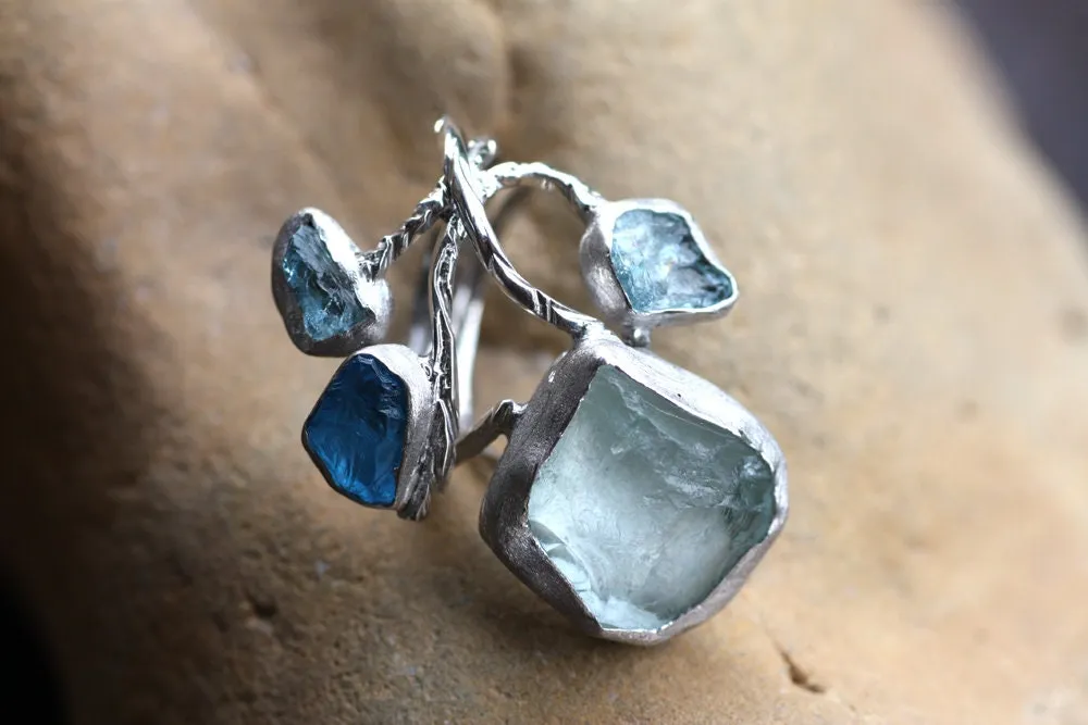 Handcrafted rough Blue Topaz Aquamarine ring