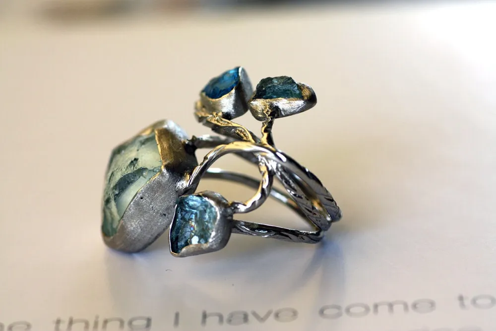 Handcrafted rough Blue Topaz Aquamarine ring