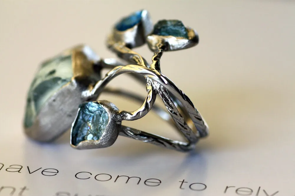 Handcrafted rough Blue Topaz Aquamarine ring
