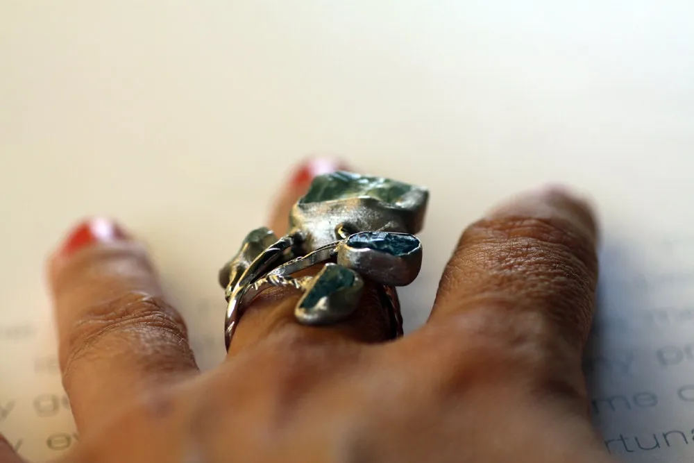 Handcrafted rough Blue Topaz Aquamarine ring
