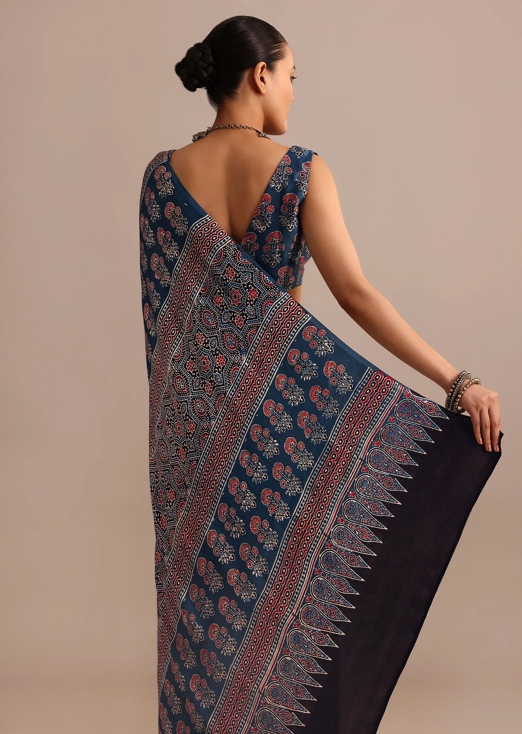 Indigo Modal Satin Ajrakh Handblock Printed Saree