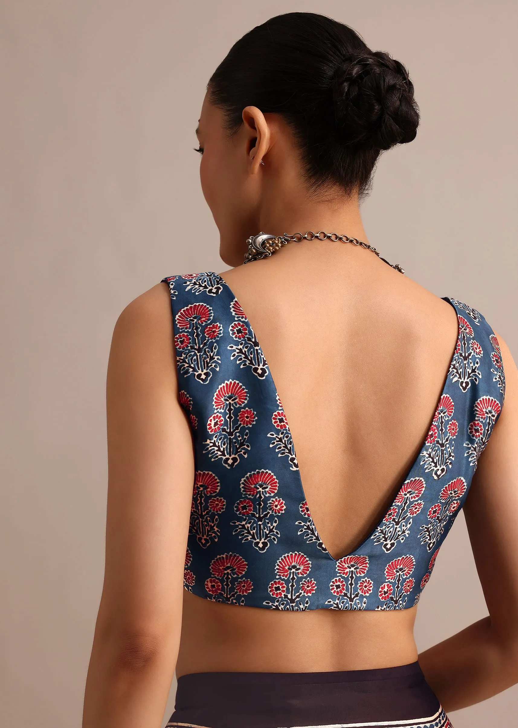 Indigo Modal Satin Ajrakh Handblock Printed Saree