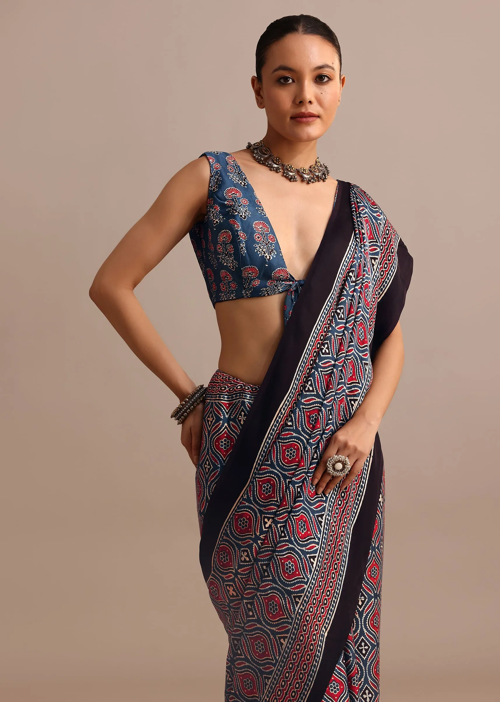 Indigo Modal Satin Ajrakh Handblock Printed Saree