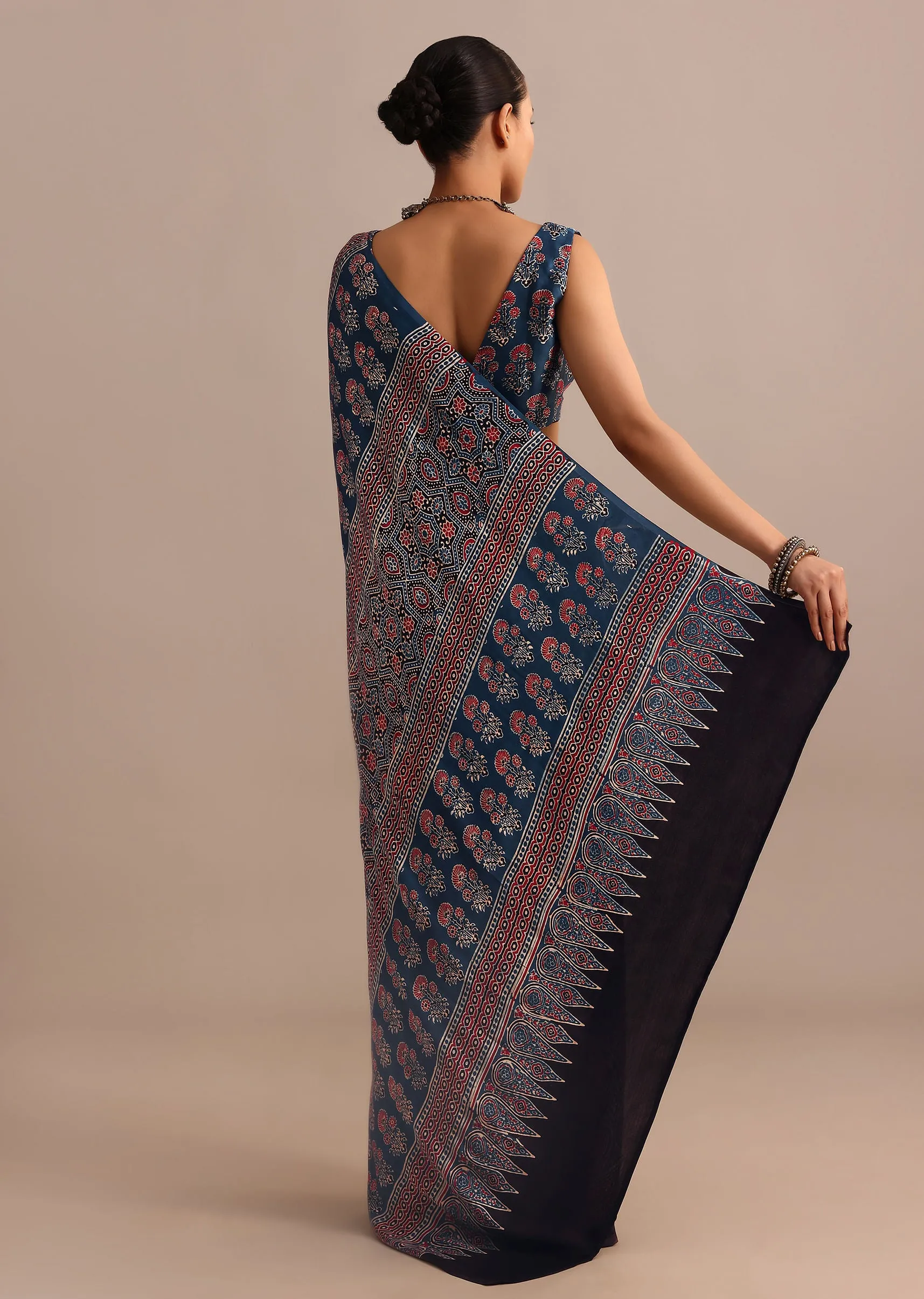 Indigo Modal Satin Ajrakh Handblock Printed Saree