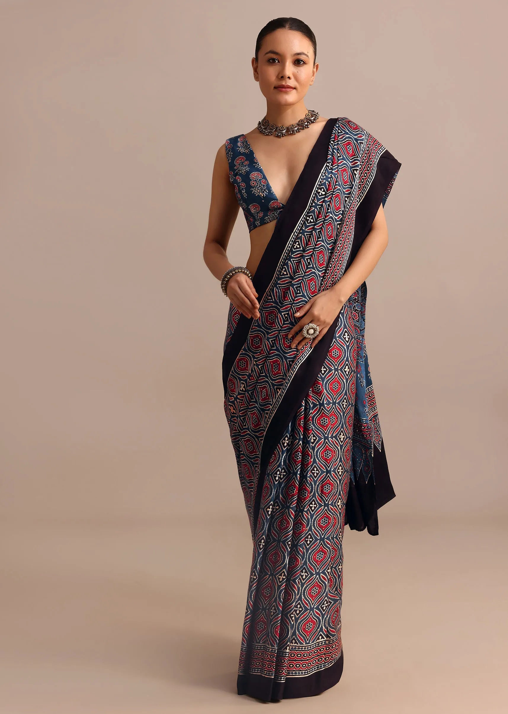 Indigo Modal Satin Ajrakh Handblock Printed Saree