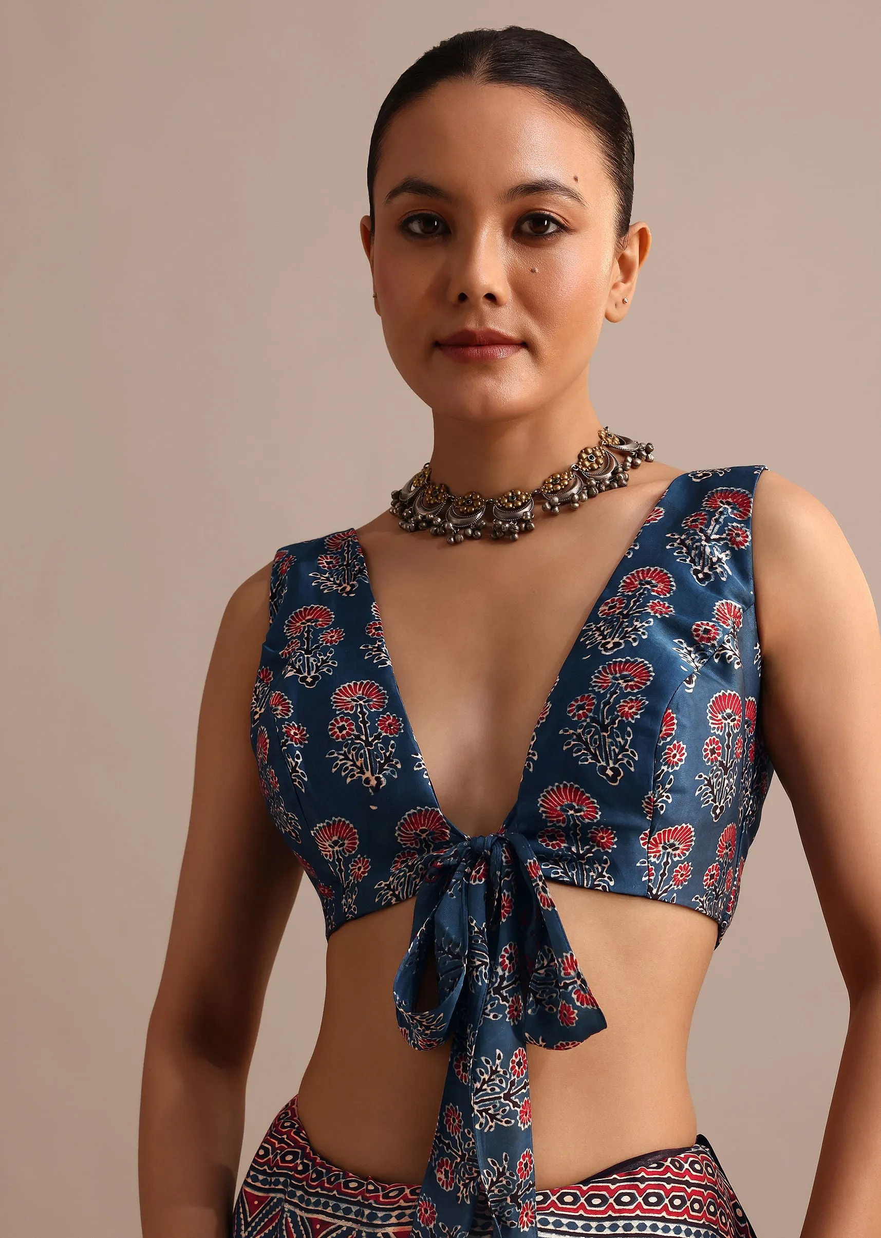 Indigo Modal Satin Ajrakh Handblock Printed Saree