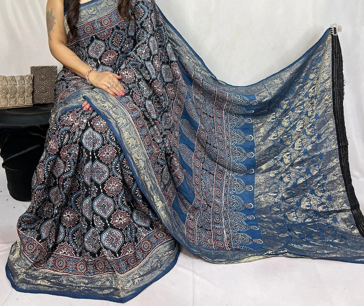 Indigo Natural Ajarakh Handblock Dola Silk Saree