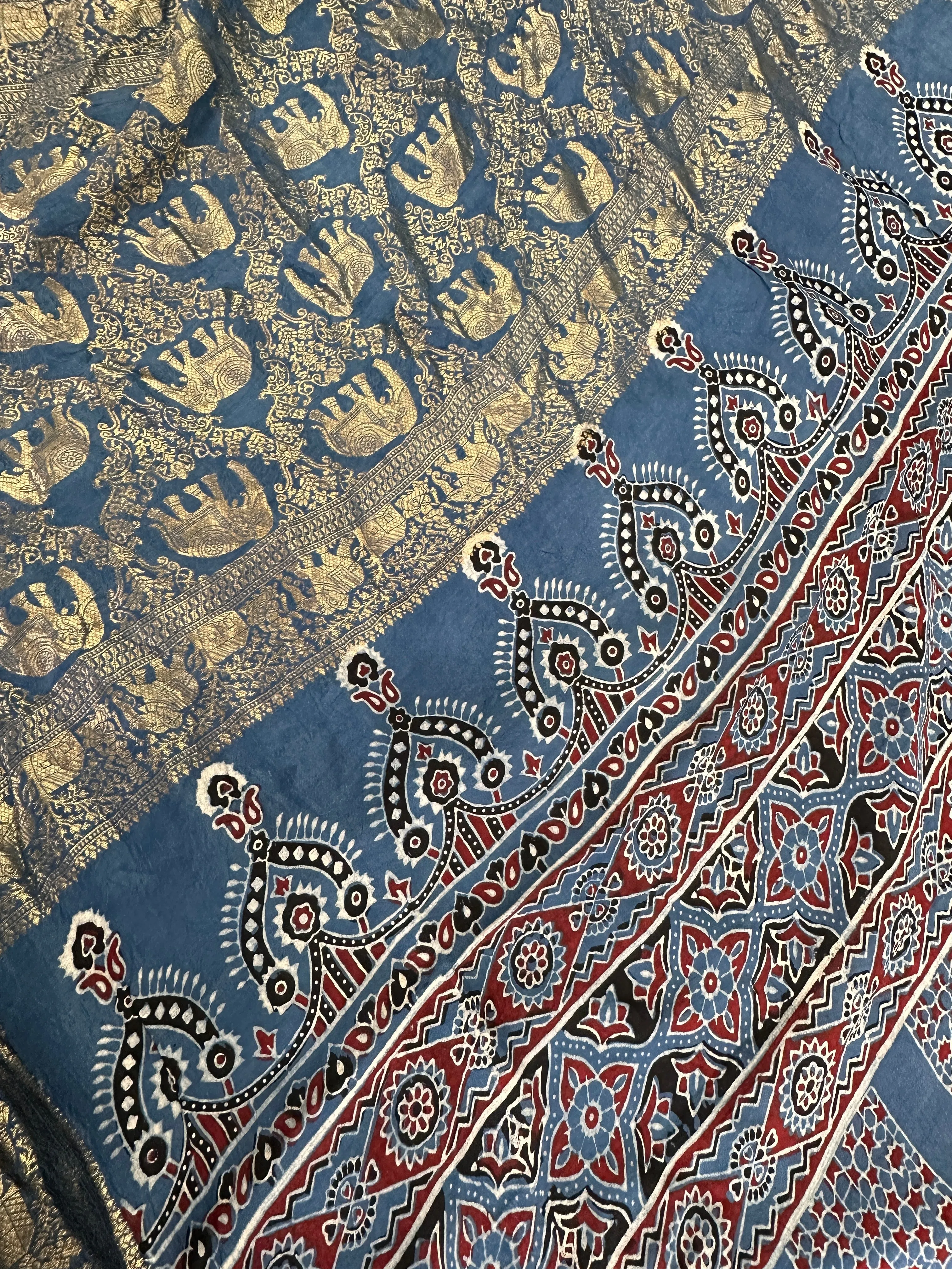 Indigo Natural Ajarakh Handblock Dola Silk Saree