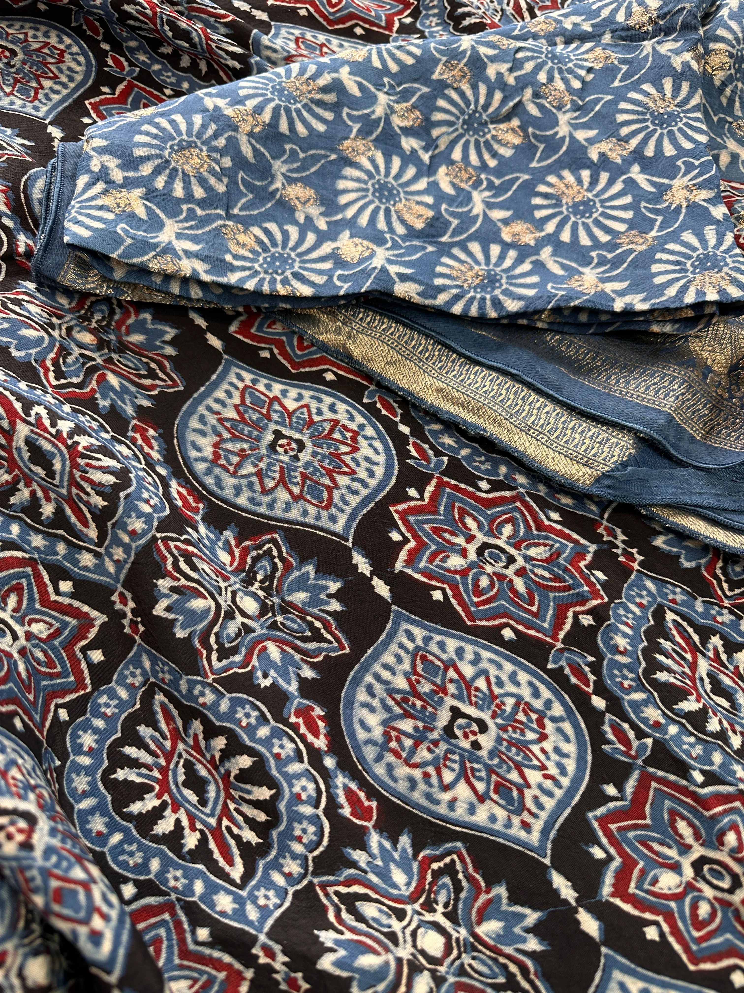 Indigo Natural Ajarakh Handblock Dola Silk Saree
