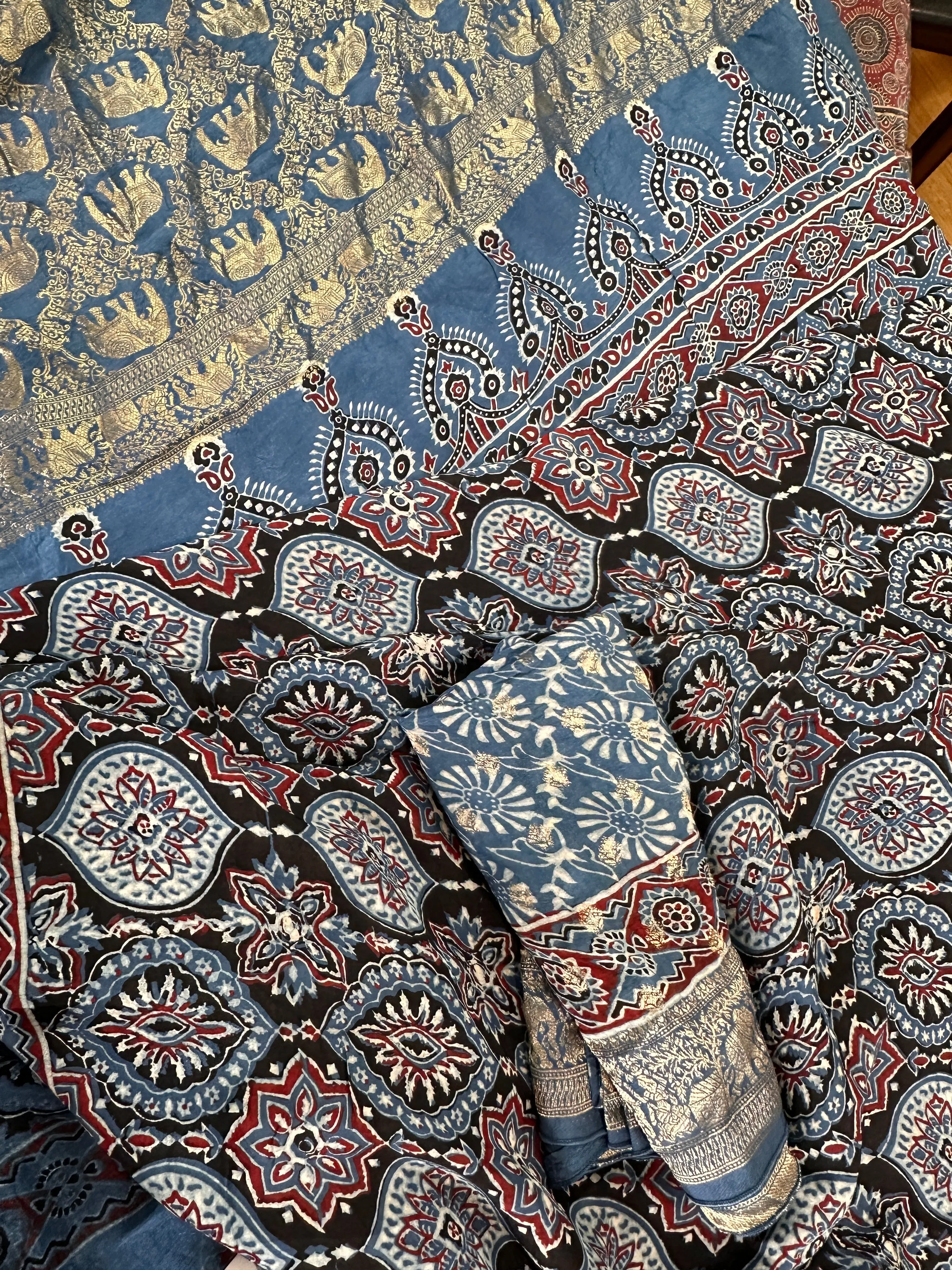Indigo Natural Ajarakh Handblock Dola Silk Saree