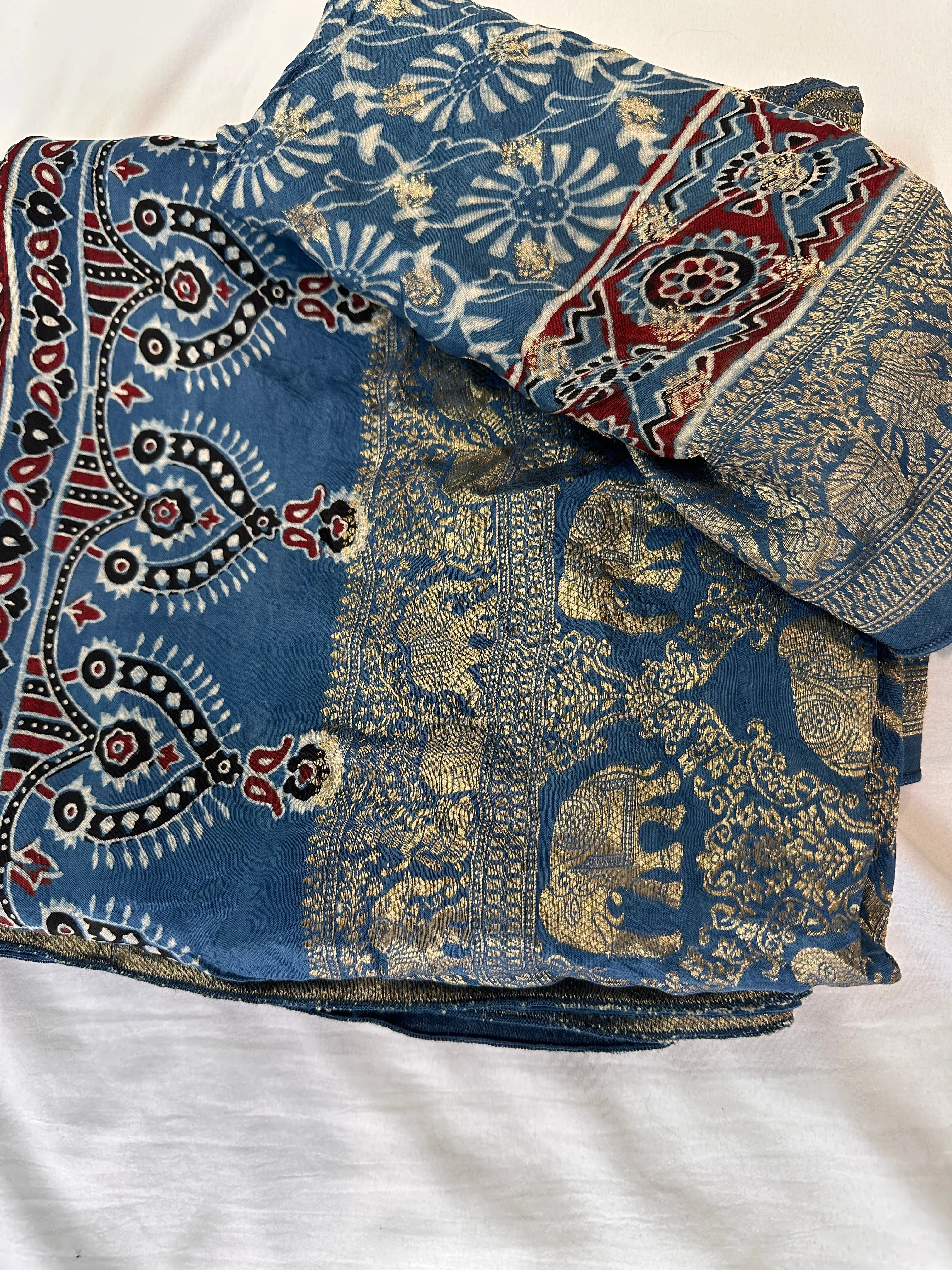 Indigo Natural Ajarakh Handblock Dola Silk Saree