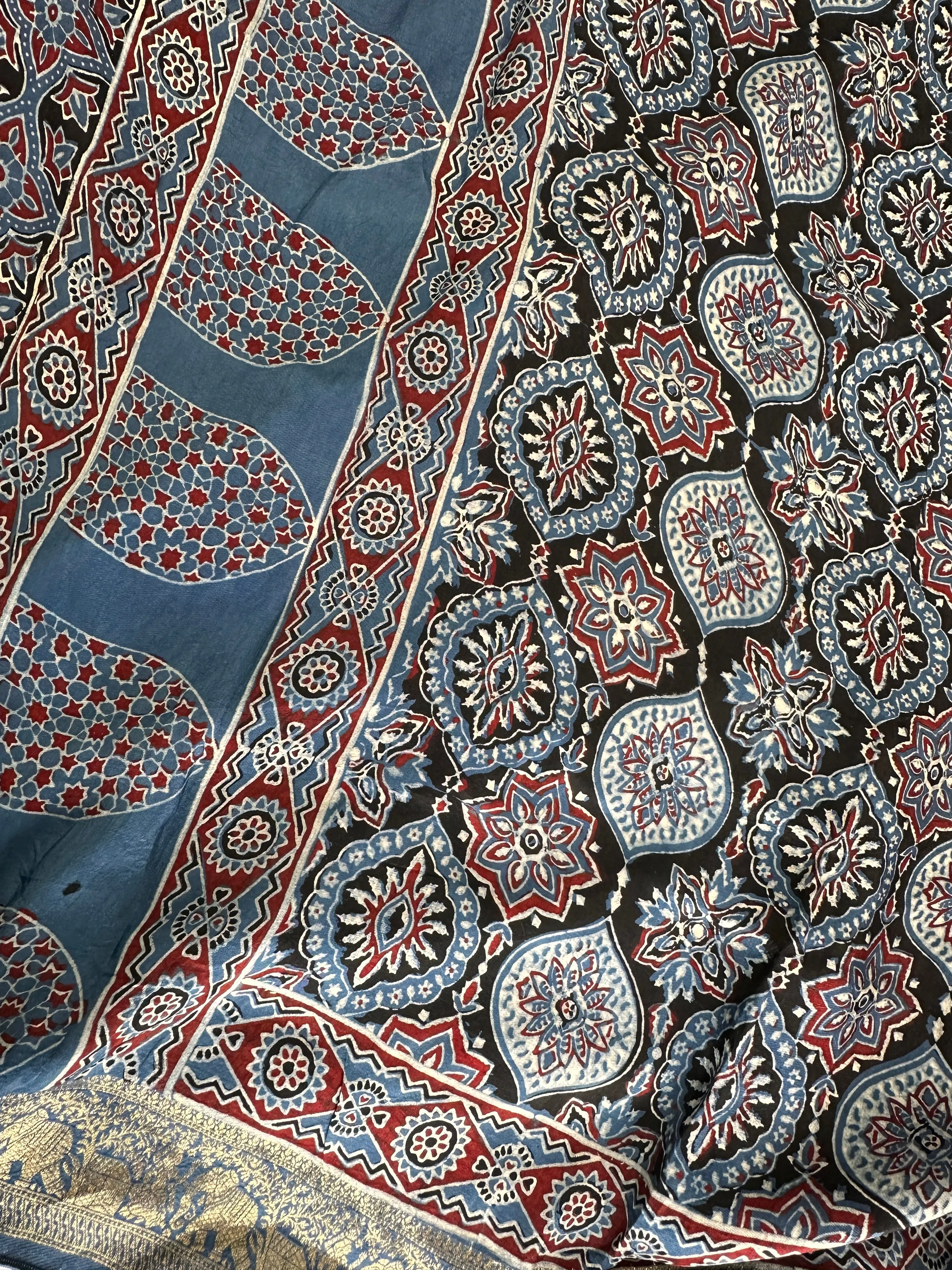 Indigo Natural Ajarakh Handblock Dola Silk Saree