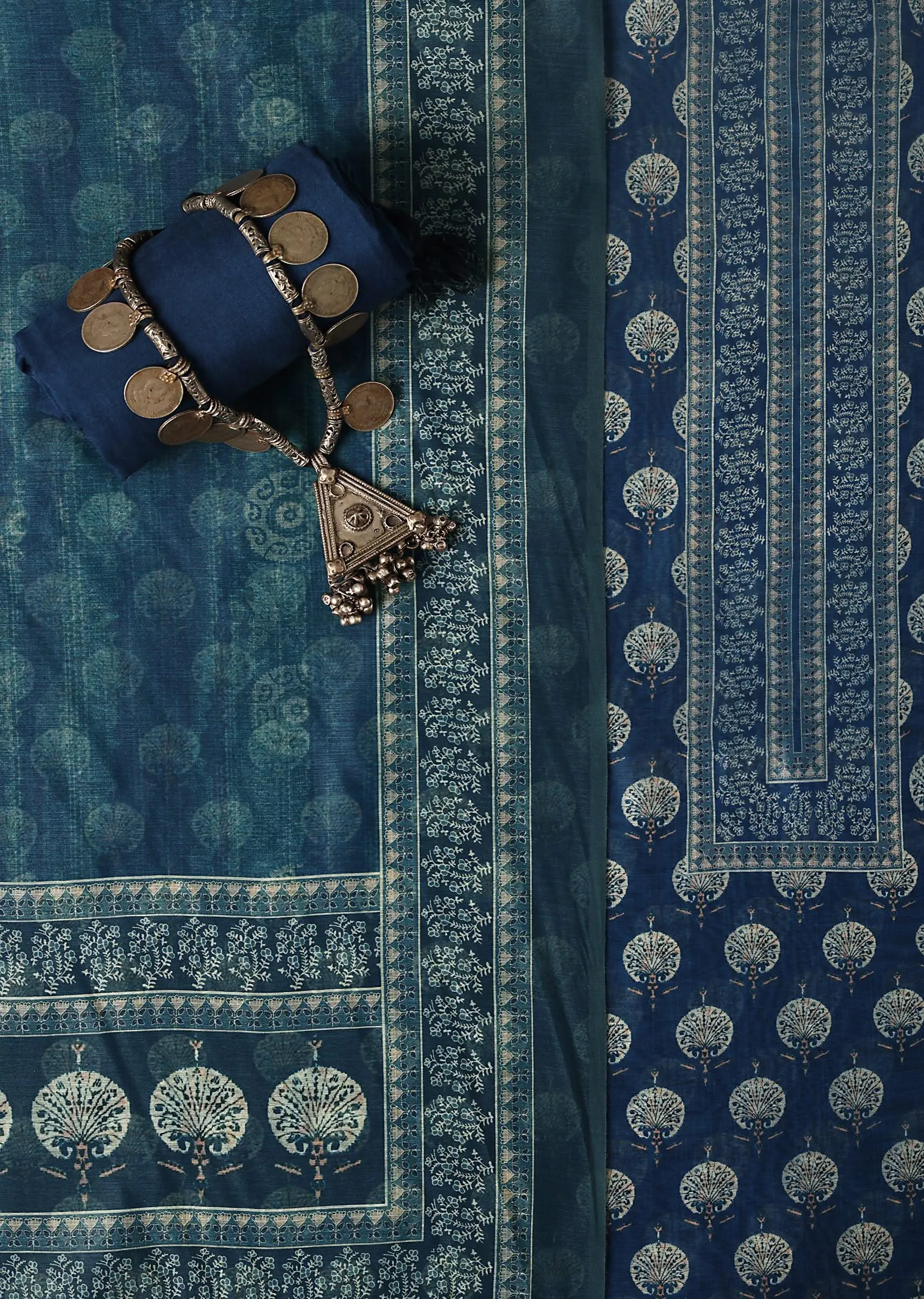Indigo Printed Chanderi Unstitch Dress Material Set