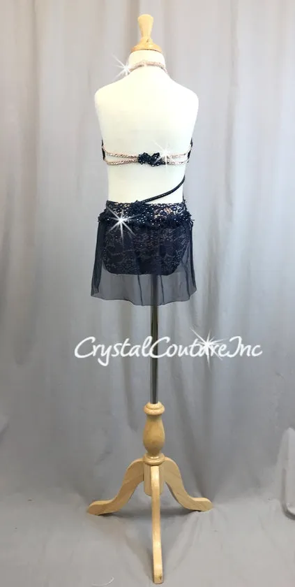 Navy Blue & Nude Lycra Open Net Halter Top & Trunk/Mesh Skirt - Swarovski Rhinestones