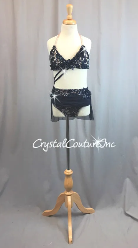 Navy Blue & Nude Lycra Open Net Halter Top & Trunk/Mesh Skirt - Swarovski Rhinestones