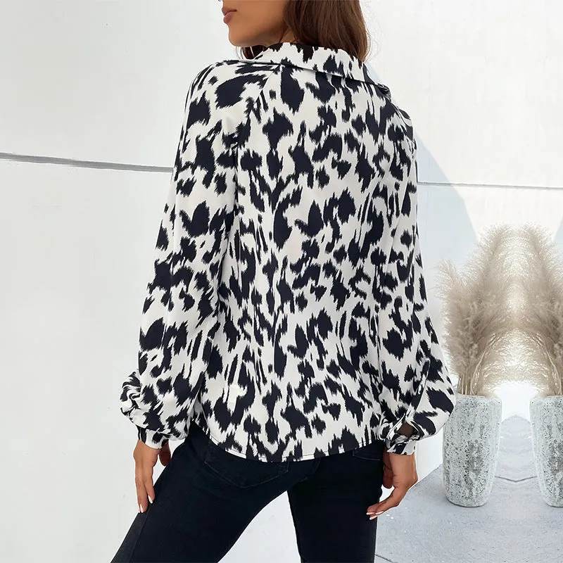 New Style Turn-down Collar Long Sleeve Leopard Print Blouse for Women