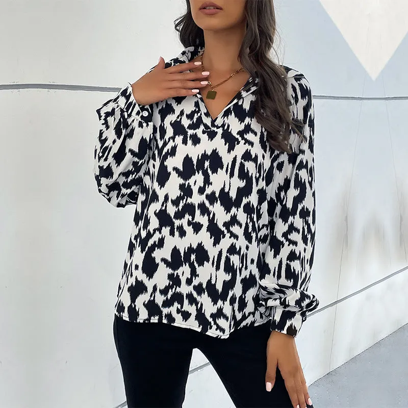New Style Turn-down Collar Long Sleeve Leopard Print Blouse for Women