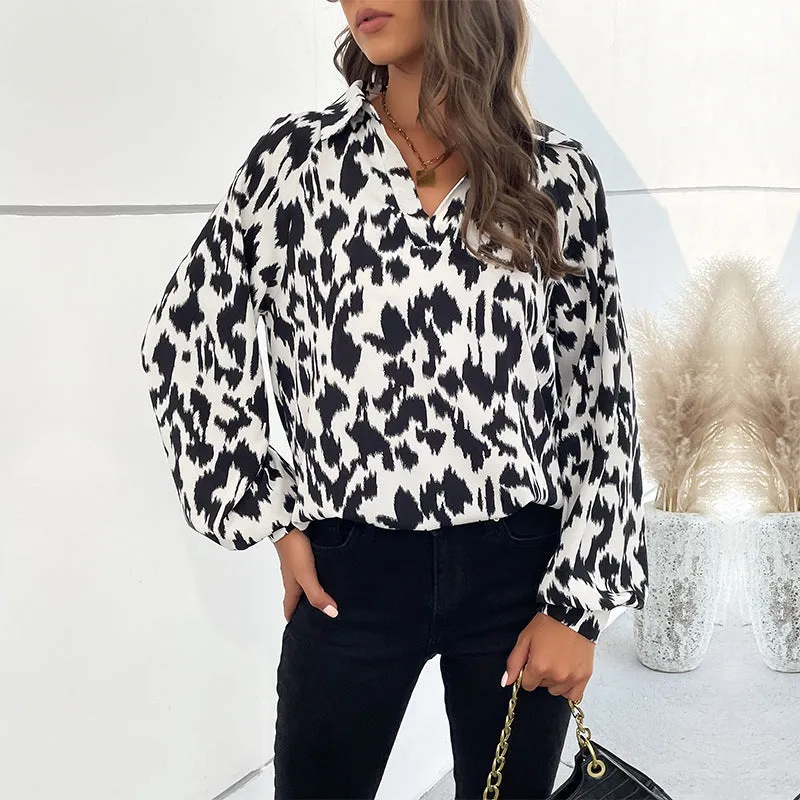 New Style Turn-down Collar Long Sleeve Leopard Print Blouse for Women