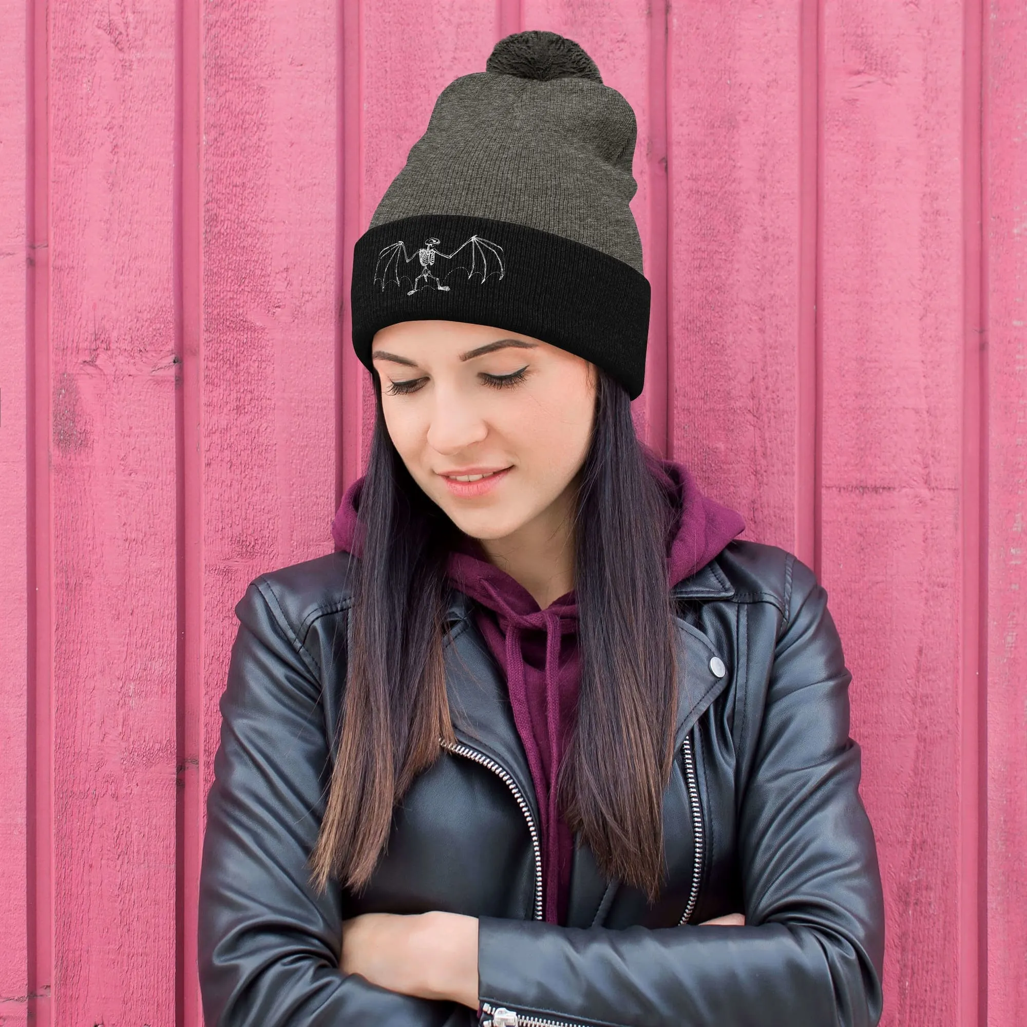 "Vintage Bat Skeleton Sketch" Bat Beanie with Pom-Pom (Winter Hat)